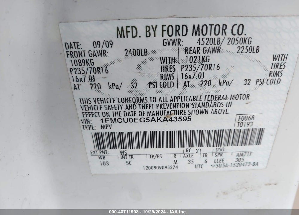 2010 FORD ESCAPE VIN: 1FMCU0EG5AKA43595