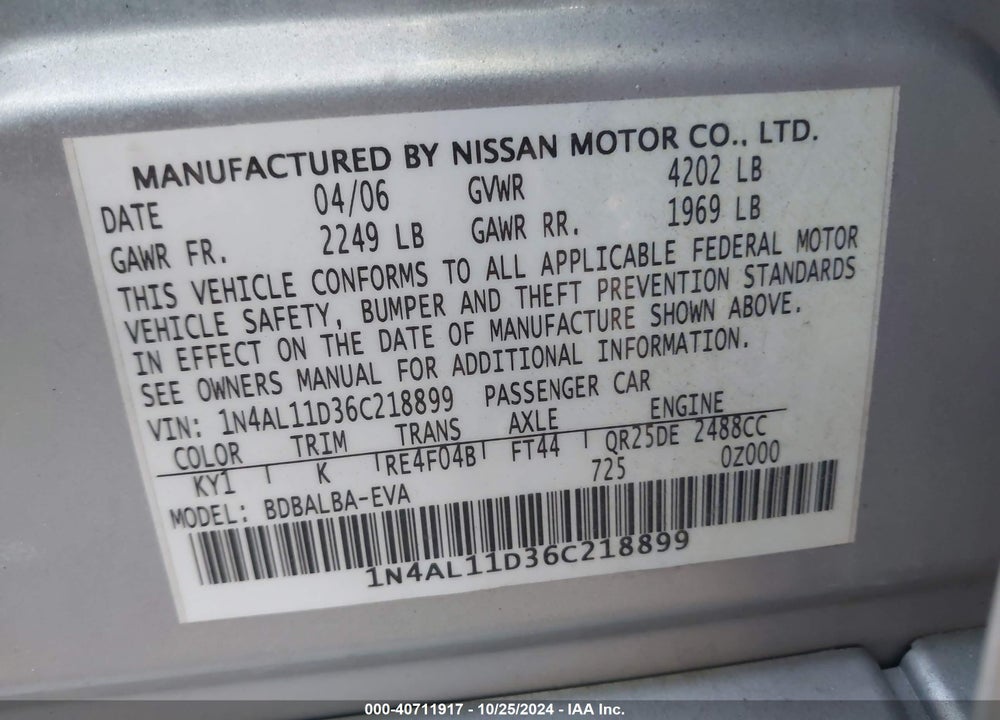 2006 NISSAN ALTIMA 2.5 S VIN: 1N4AL11D36C218899