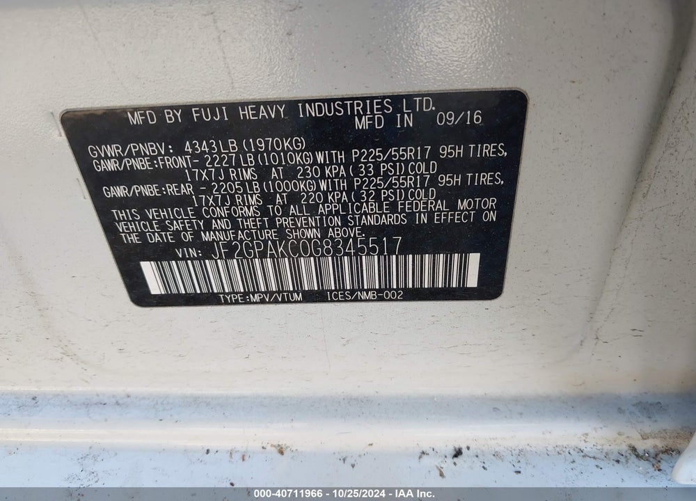 2016 SUBARU CROSSTREK 2.0I LIMITED VIN: JF2GPAKC0G8345517