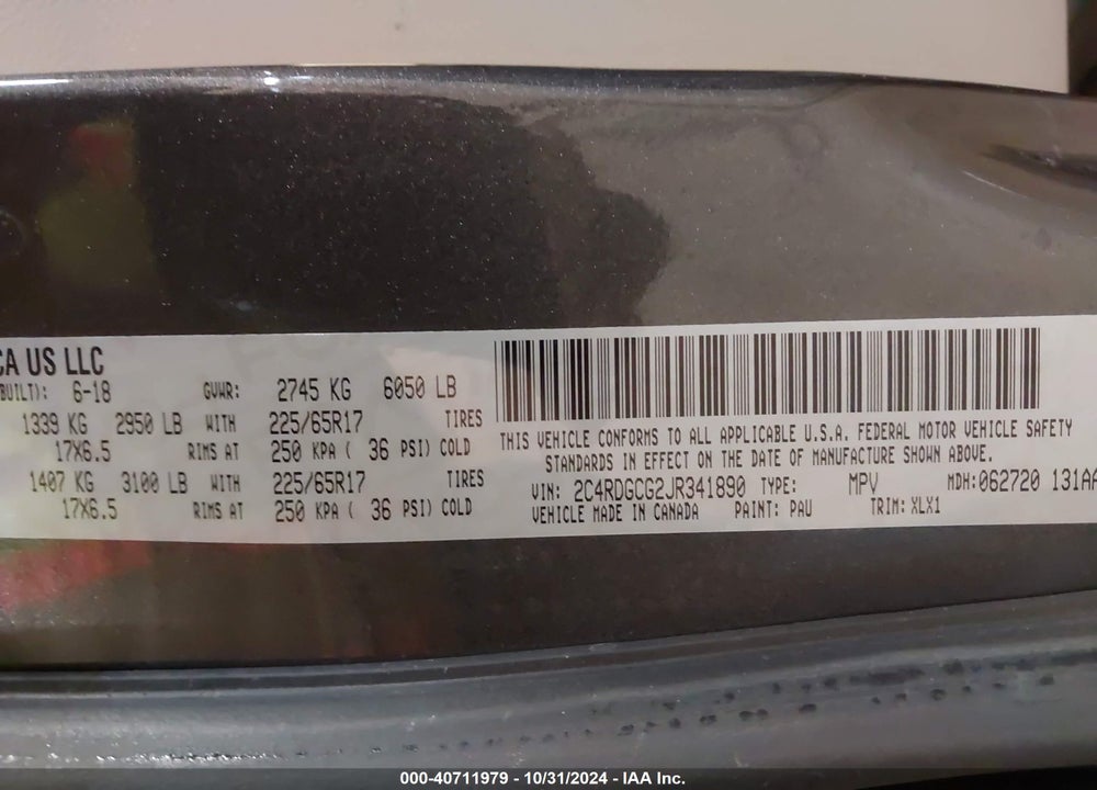 2018 DODGE GRAND CARAVAN SXT VIN: 2C4RDGCG2JR341890