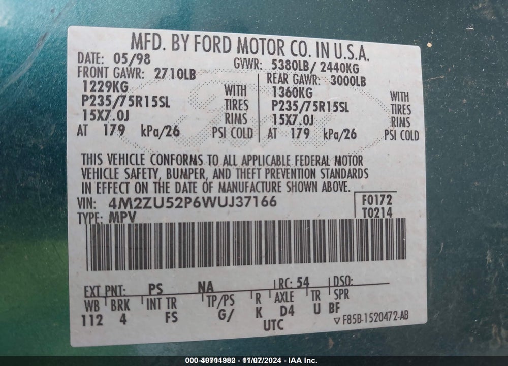 1998 MERCURY MOUNTAINEER VIN: 4M2ZU52P6WUJ37166
