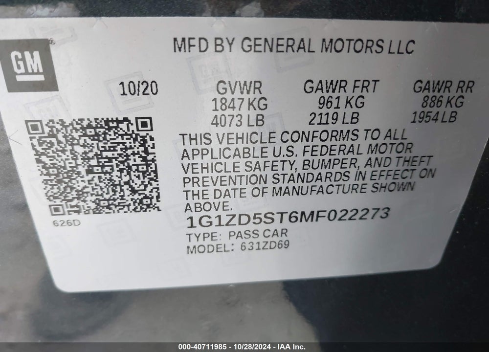 2021 CHEVROLET MALIBU FWD LT VIN: 1G1ZD5ST6MF022273