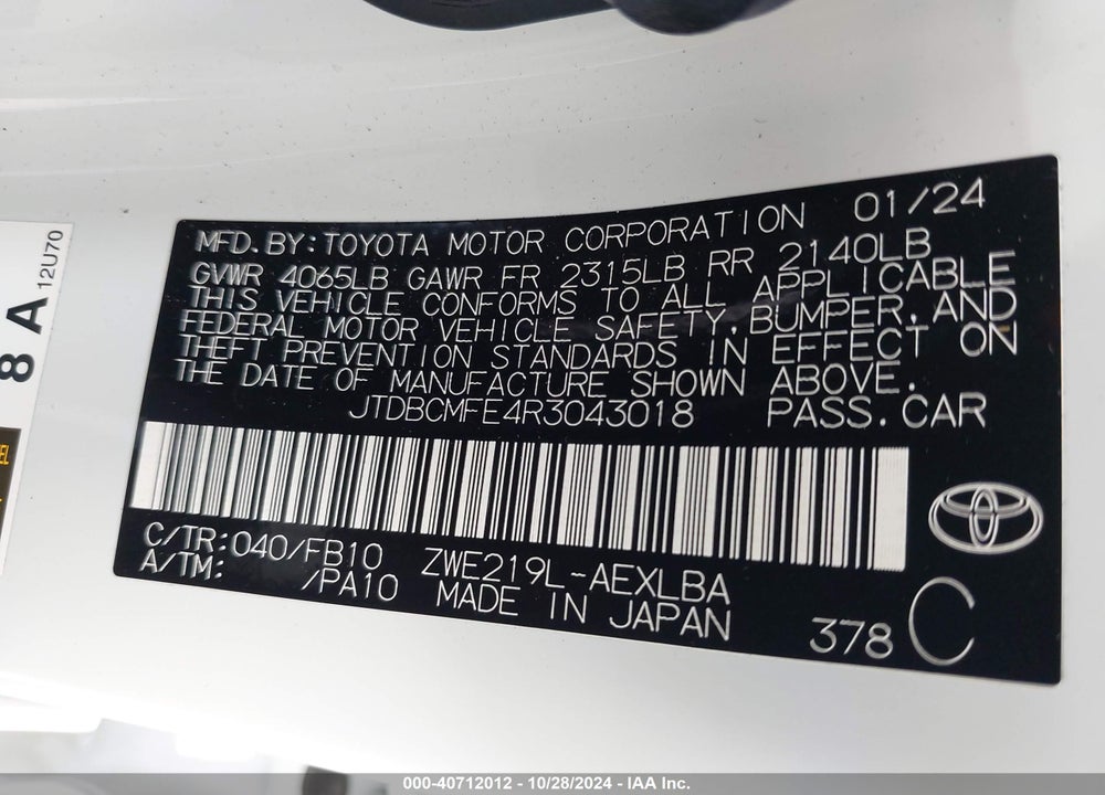 2024 TOYOTA COROLLA HYBRID LE VIN: JTDBCMFE4R3043018