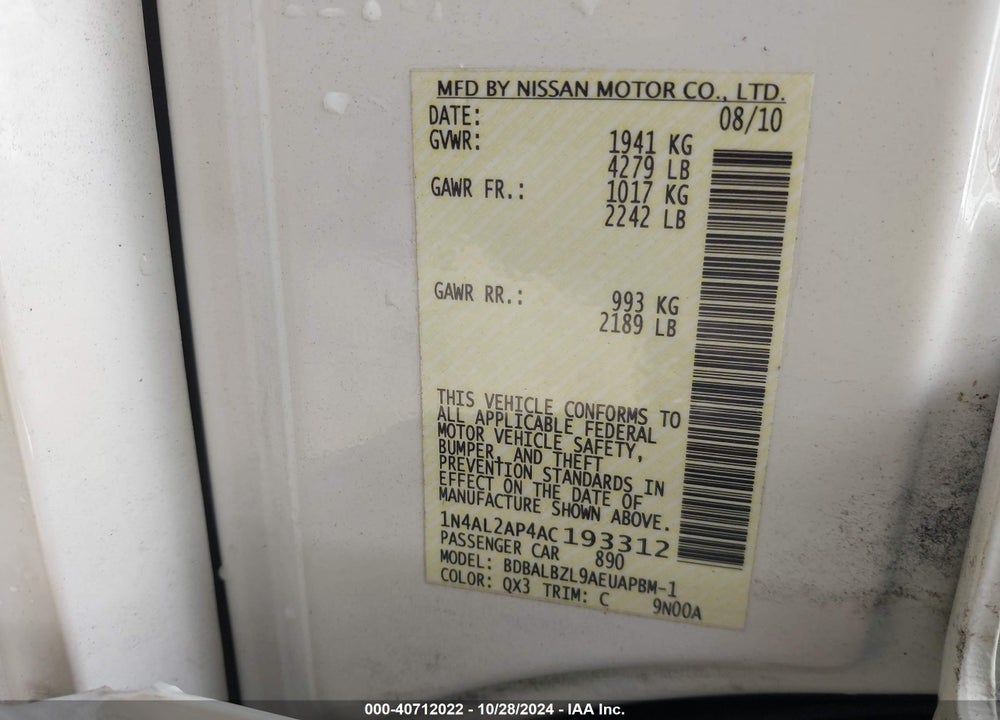 2010 NISSAN ALTIMA 2.5 S VIN: 1N4AL2AP4AC193312