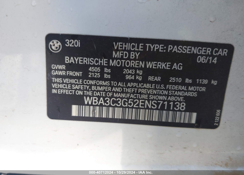 2014 BMW 320I XDRIVE VIN: WBA3C3G52ENS71138