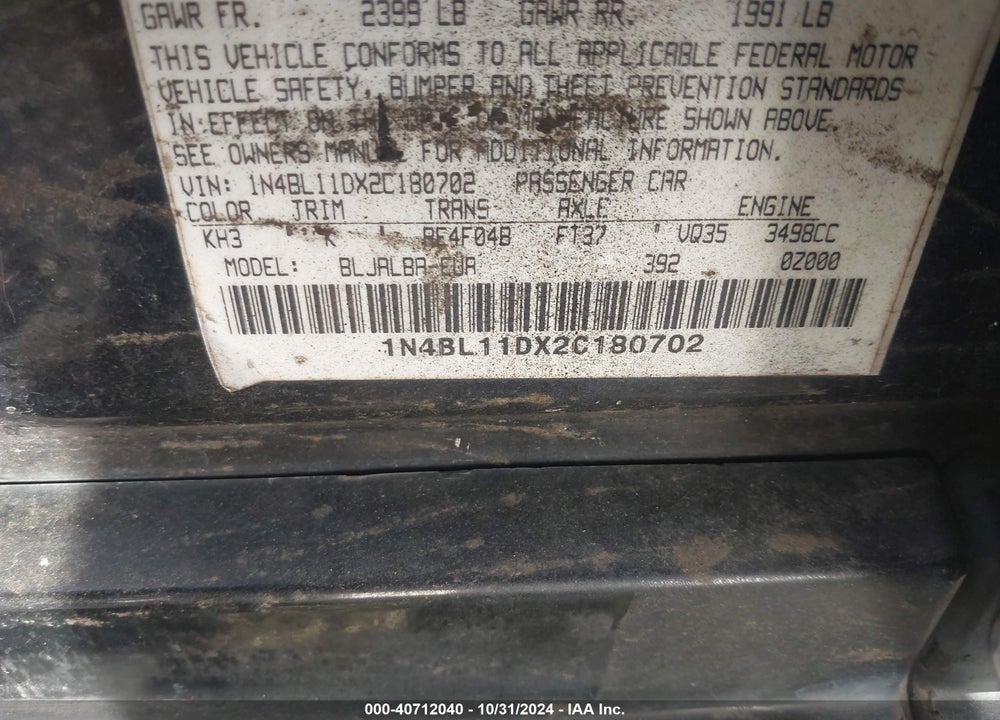 2002 NISSAN ALTIMA 3.5 SE VIN: 1N4BL11DX2C180702