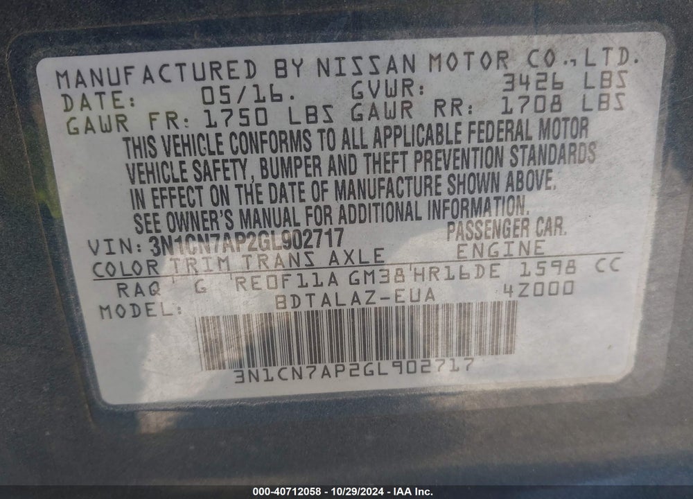 2016 NISSAN VERSA 1.6 S+ VIN: 3N1CN7AP2GL902717
