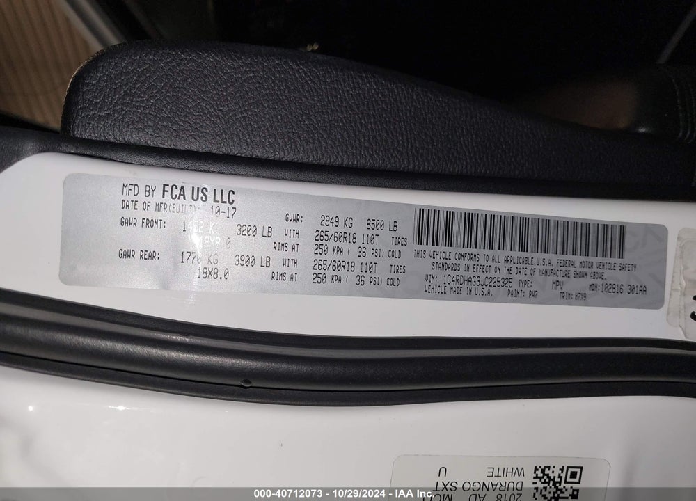 2018 DODGE DURANGO SXT RWD VIN: 1C4RDHAG3JC225325