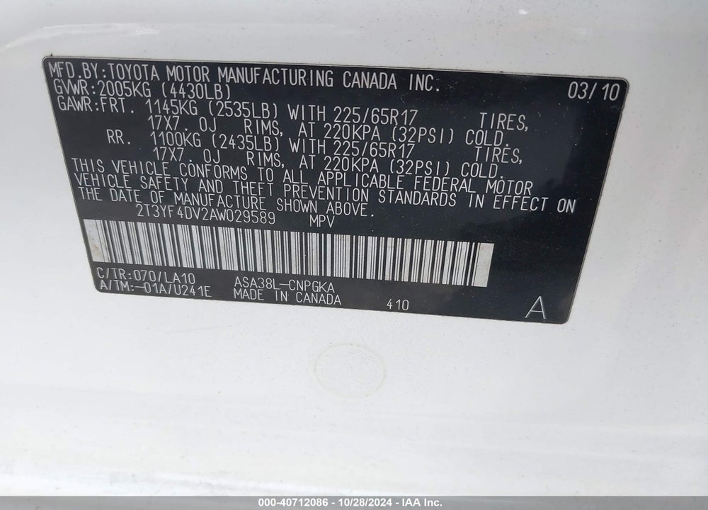 2010 TOYOTA RAV4 LIMITED VIN: 2T3YF4DV2AW029589