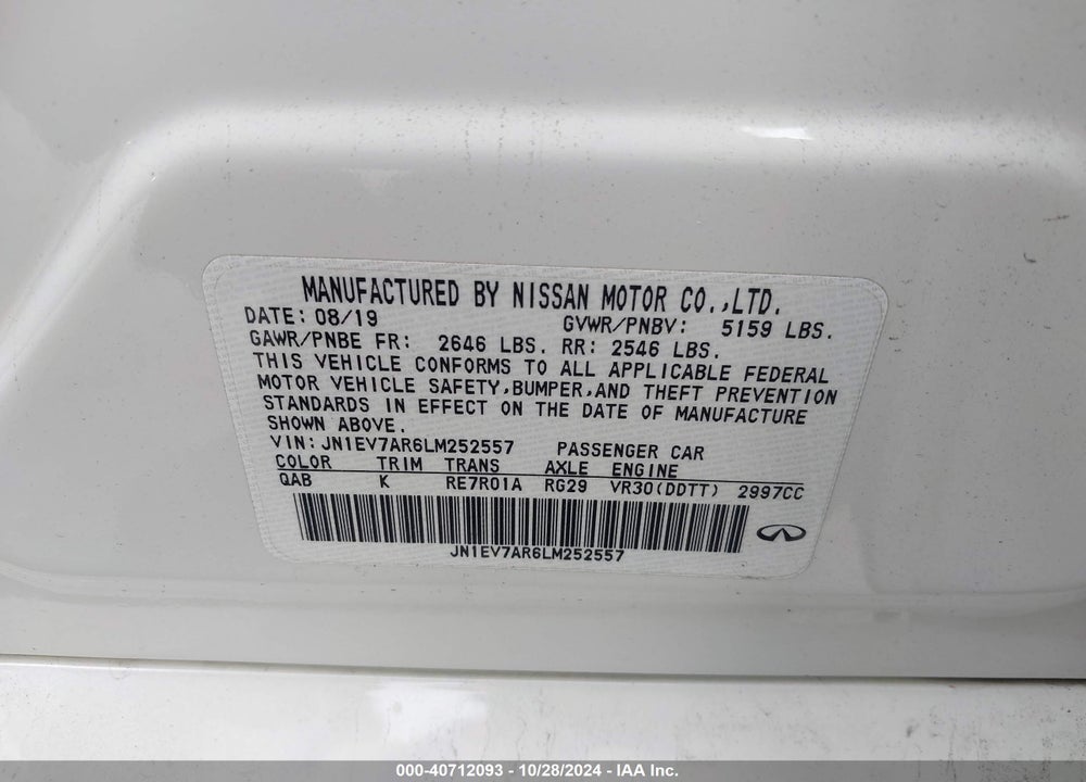 2020 INFINITI Q50 LUXE AWD VIN: JN1EV7AR6LM252557