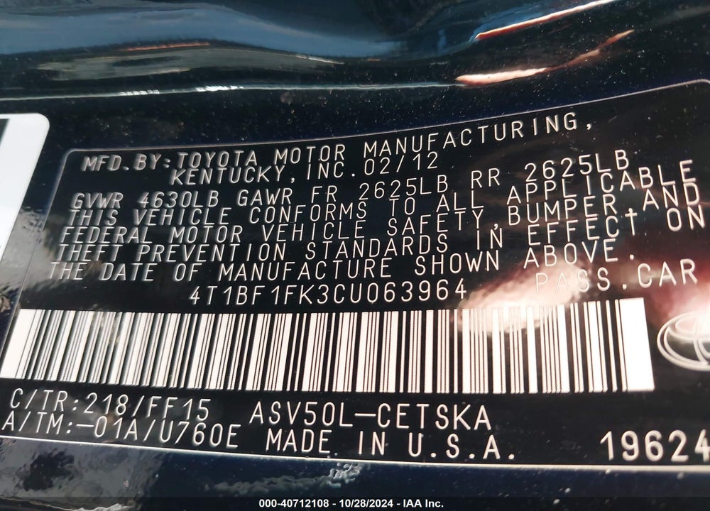 2012 TOYOTA CAMRY SE VIN: 4T1BF1FK3CU063964