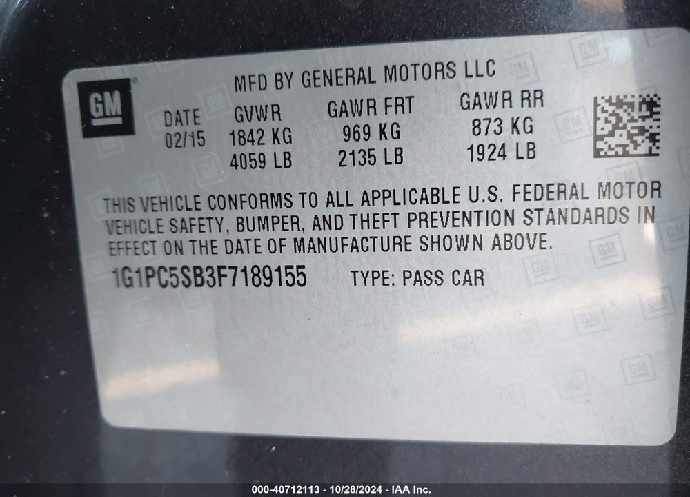 2015 CHEVROLET CRUZE 1LT AUTO VIN: 1G1PC5SB3F7189155