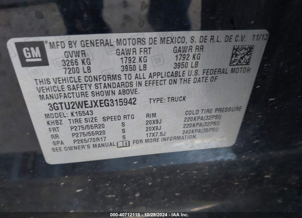 2014 GMC SIERRA VIN: 3GTU2WEJXEG315942