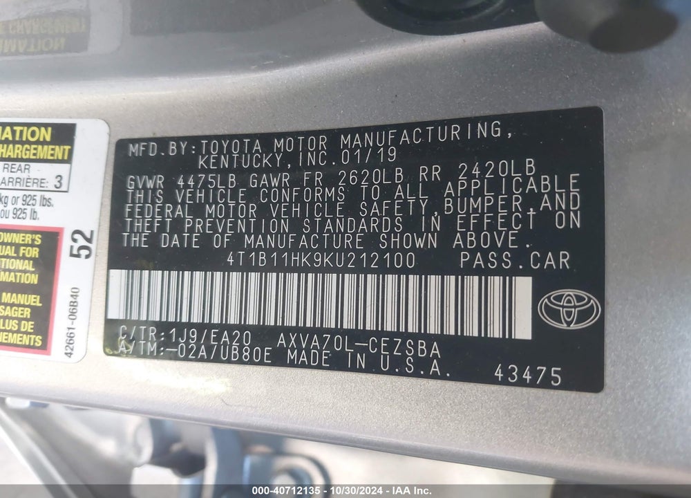 2019 TOYOTA CAMRY SE VIN: 4T1B11HK9KU212100