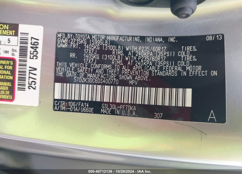 2013 TOYOTA SIENNA L V6 7 PASSENGER VIN: 5TDZK3DC6DS400770
