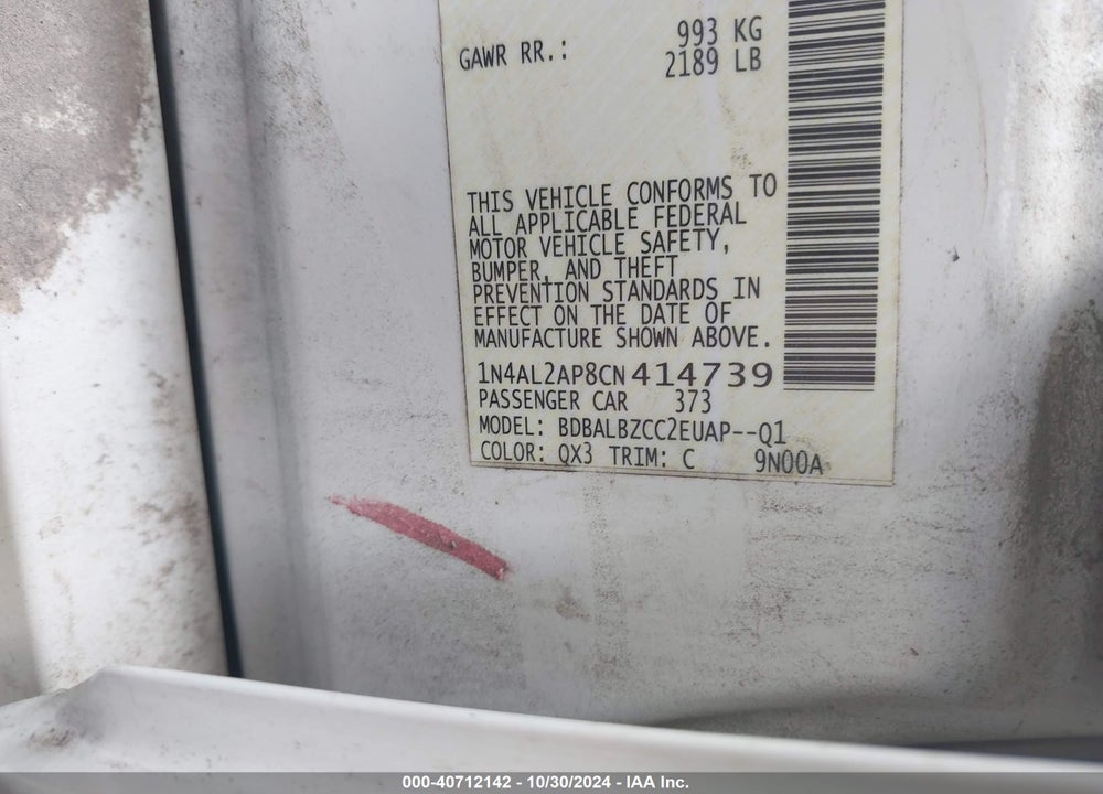 2012 NISSAN ALTIMA 2.5 S VIN: 1N4AL2AP8CN414739