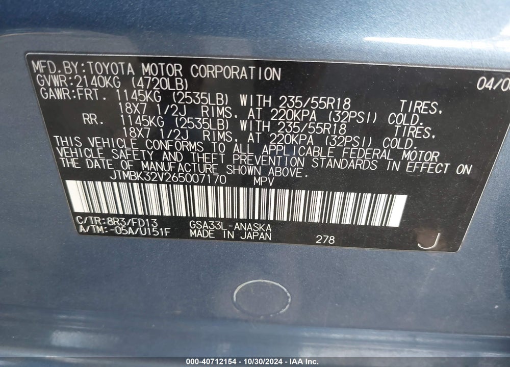 2006 TOYOTA RAV4 SPORT V6 VIN: JTMBK32V265007170