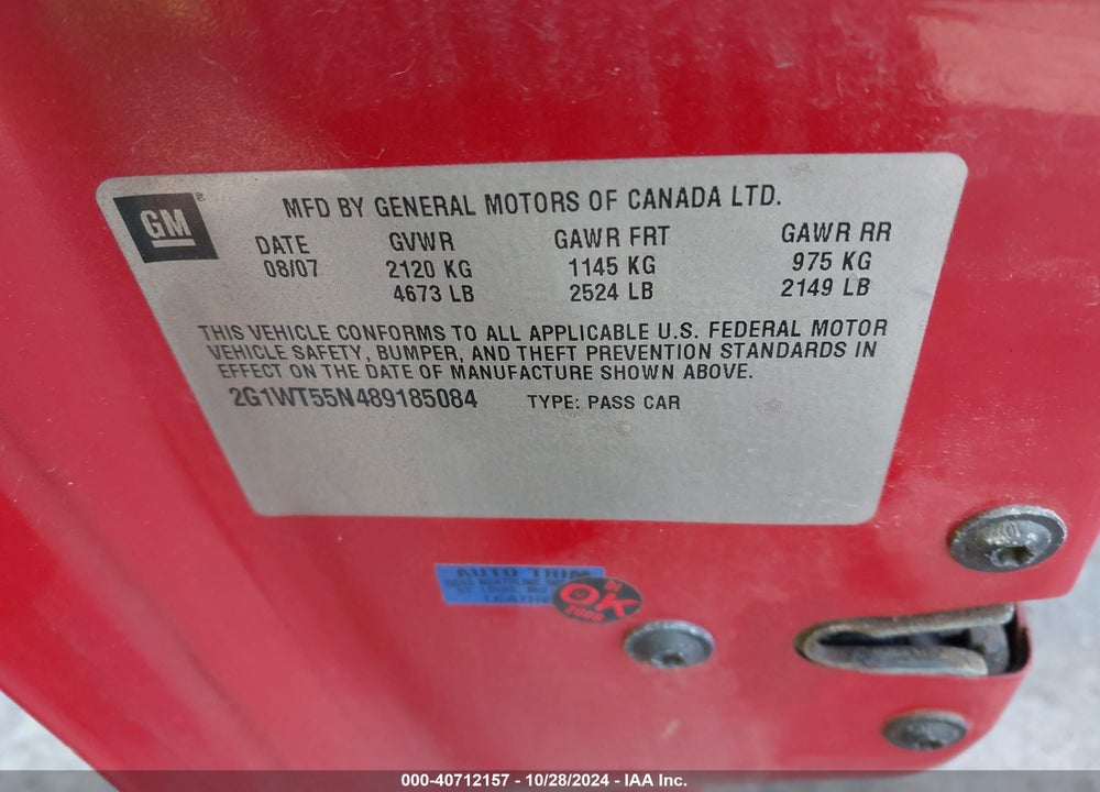 2008 CHEVROLET IMPALA LT VIN: 2G1WT55N489185084
