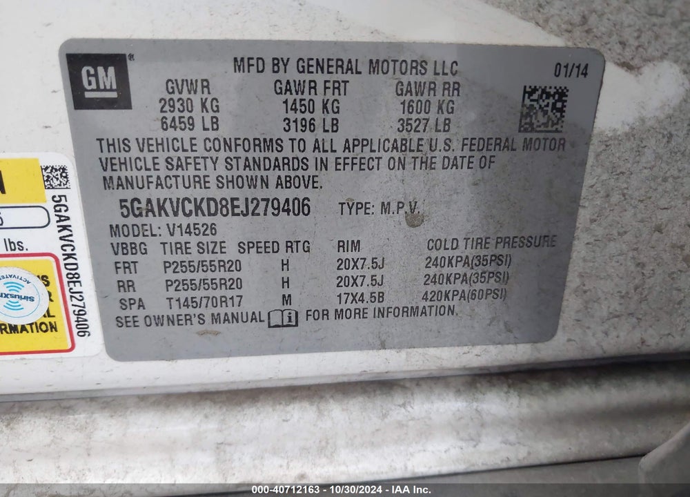 2014 BUICK ENCLAVE PREMIUM VIN: 5GAKVCKD8EJ279406