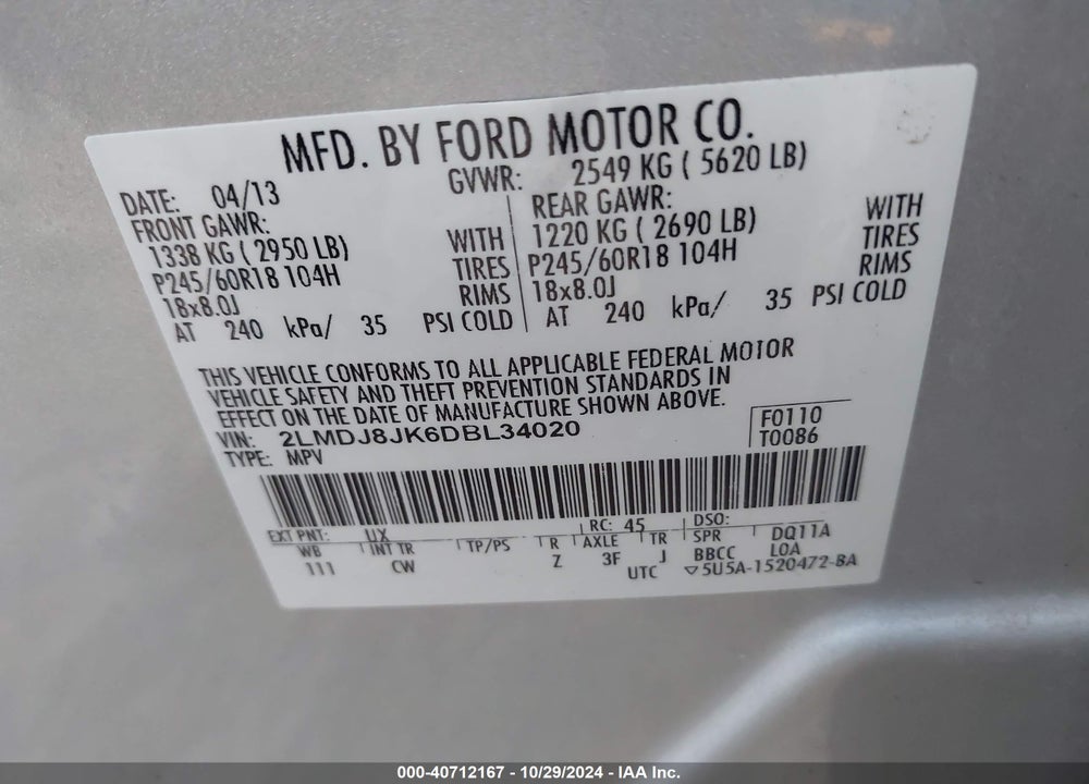 2013 LINCOLN MKX VIN: 2LMDJ8JK6DBL34020