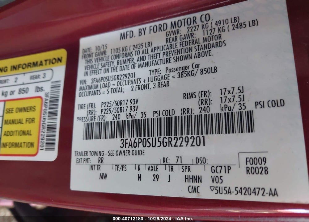 2016 FORD FUSION ENERGI TITANIUM VIN: 3FA6P0SU5GR229201