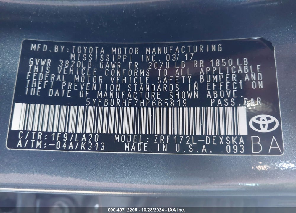 2017 TOYOTA COROLLA XSE VIN: 5YFBURHE7HP665819