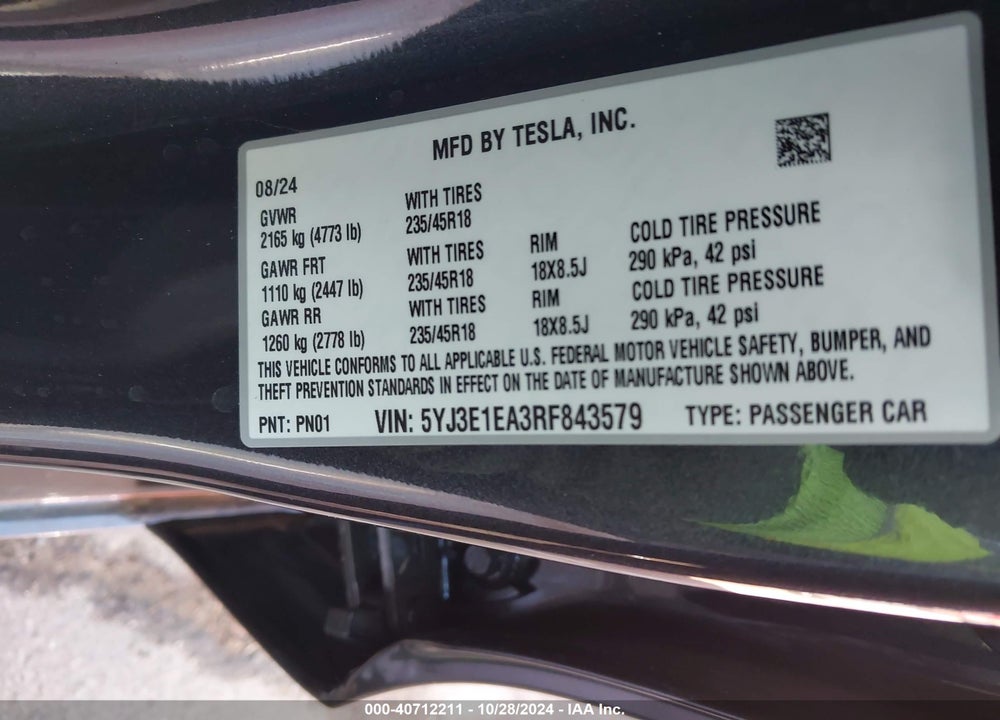 2024 TESLA MODEL 3 REAR-WHEEL DRIVE VIN: 5YJ3E1EA3RF843579