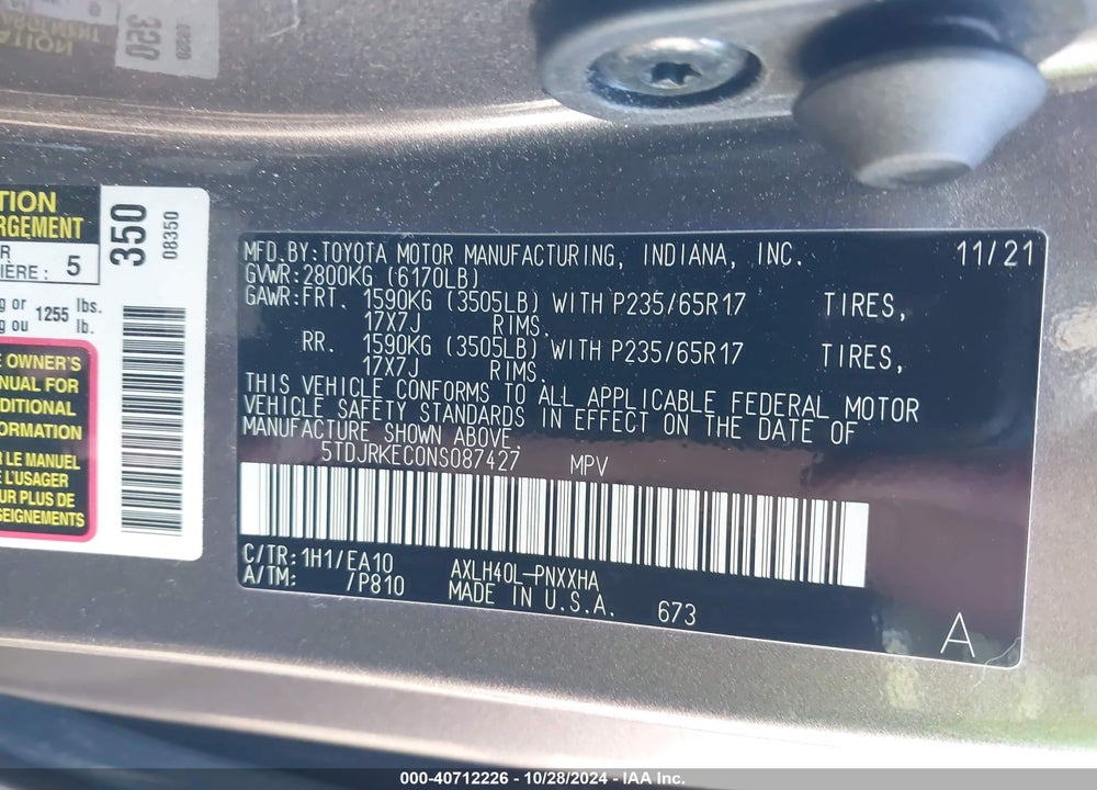 2022 TOYOTA SIENNA XLE VIN: 5TDJRKEC0NS087427
