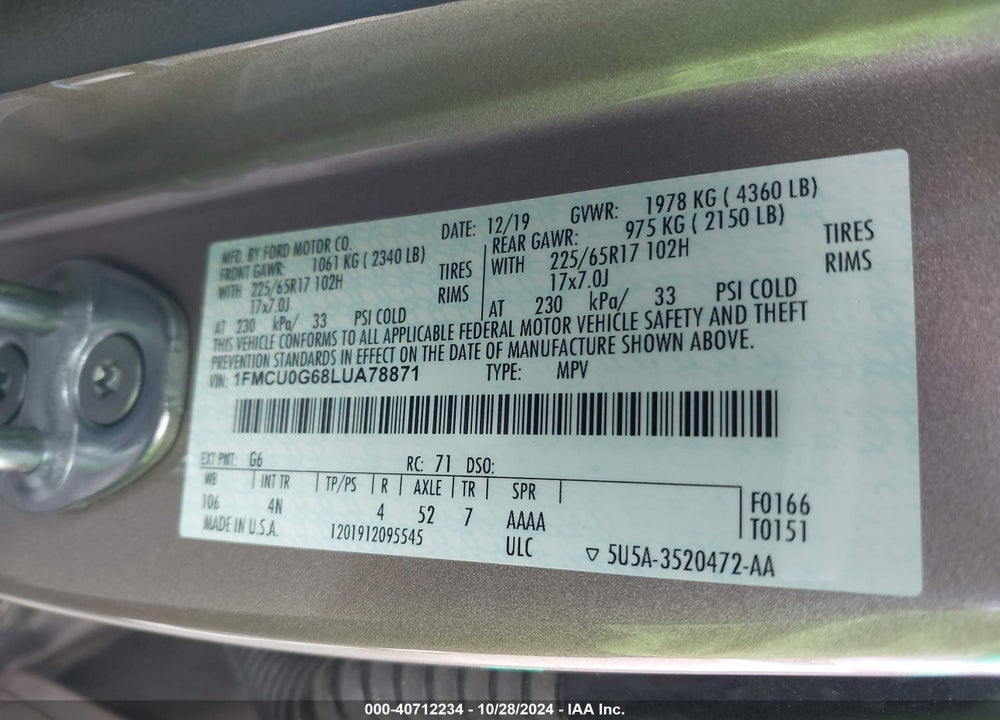 2020 FORD ESCAPE SE VIN: 1FMCU0G68LUA78871
