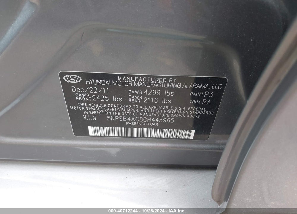 2012 HYUNDAI SONATA GLS VIN: 5NPEB4AC8CH445965