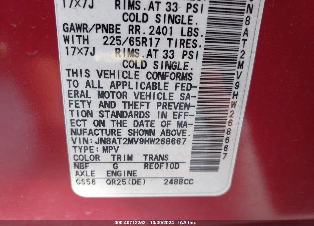 2017 NISSAN ROGUE S VIN: JN8AT2MV9HW268667
