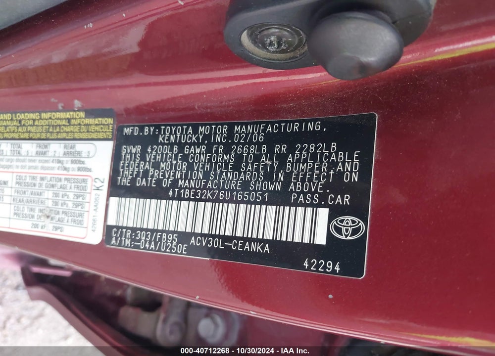 2006 TOYOTA CAMRY LE VIN: 4T1BE32K76U165051