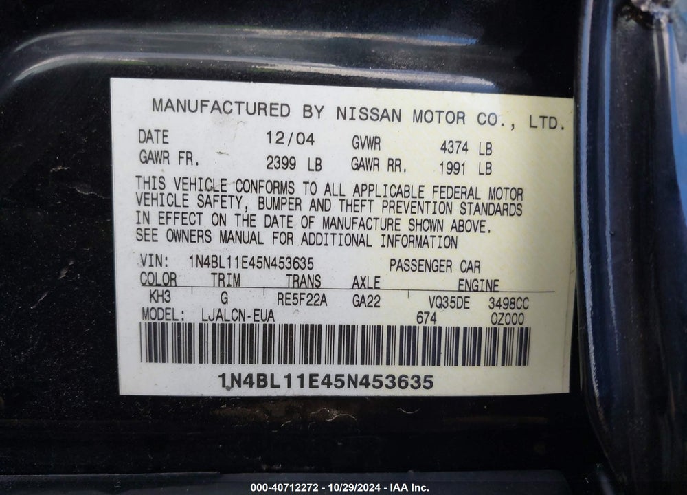 2005 NISSAN ALTIMA 3.5 SE VIN: 1N4BL11E45N453635