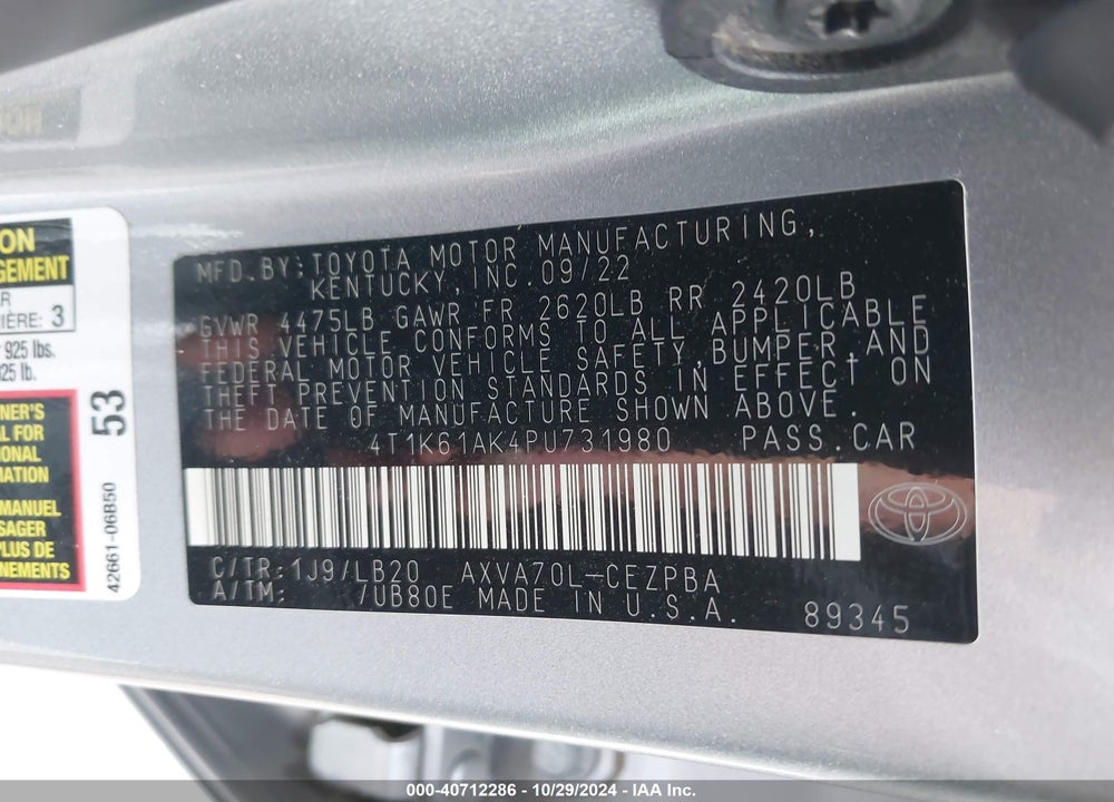 2023 TOYOTA CAMRY XSE VIN: 4T1K61AK4PU731980