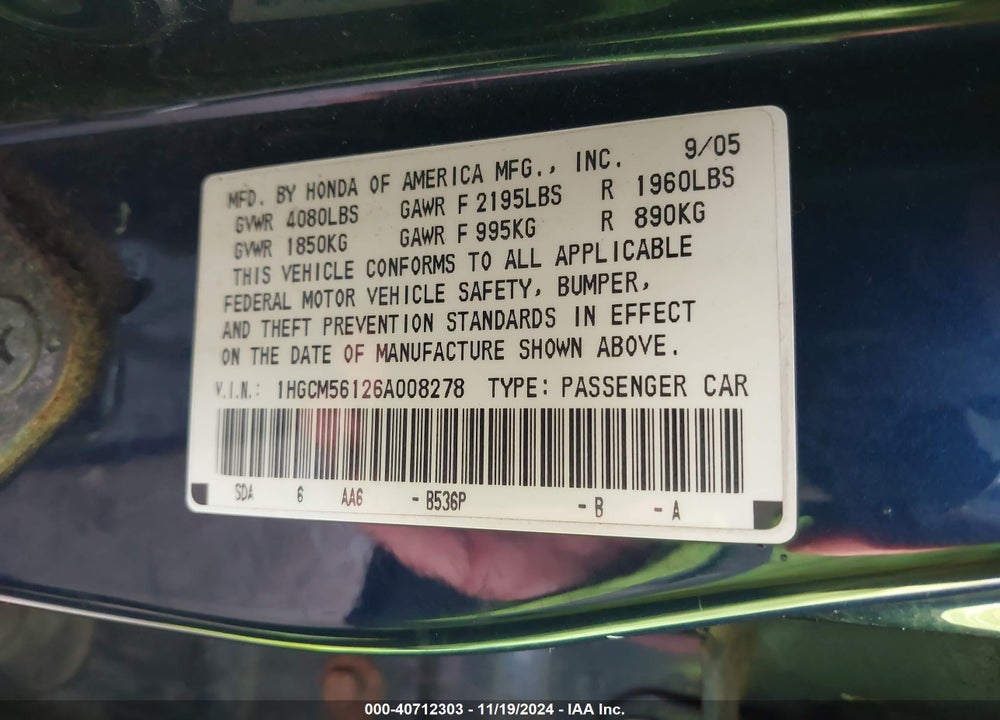 2006 HONDA ACCORD VIN: 1HGCM56126A008278