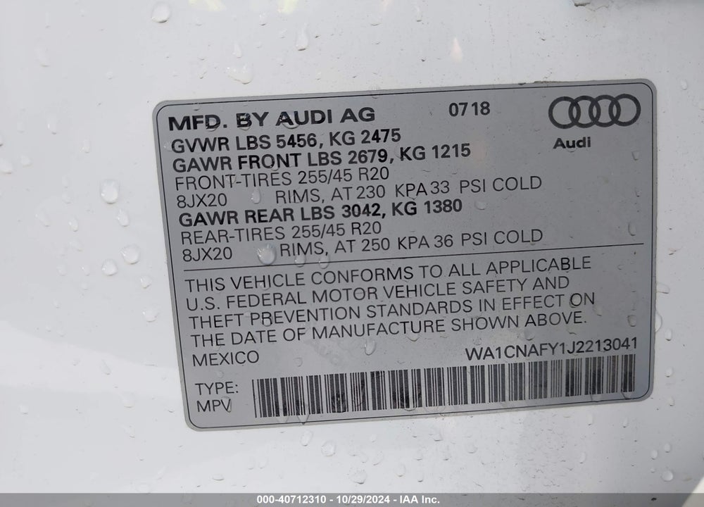 2018 AUDI Q5 2.0T PREMIUM/TECH PRESTIGE VIN: WA1CNAFY1J2213041