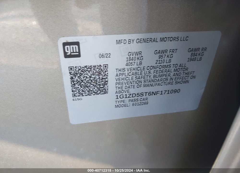 2022 CHEVROLET MALIBU FWD LT VIN: 1G1ZD5ST6NF171090