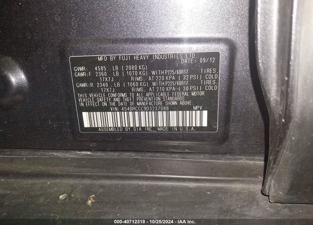 2013 SUBARU OUTBACK 2.5I PREMIUM VIN: 4S4BRCCC9D3237088