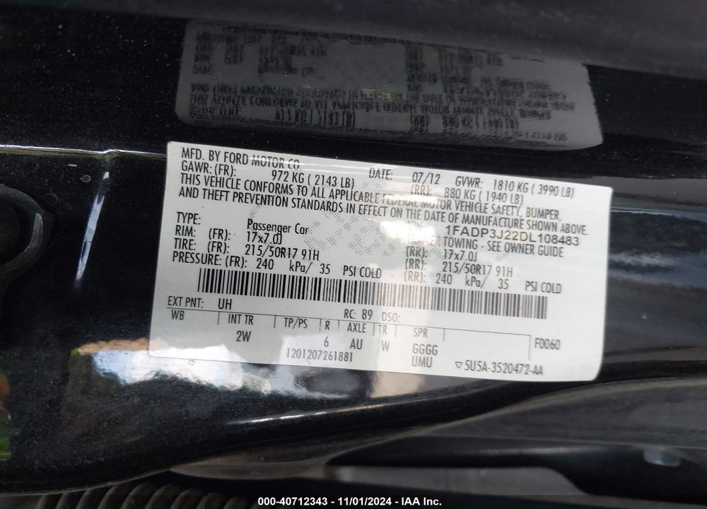 2013 FORD FOCUS TITANIUM VIN: 1FADP3J22DL108483