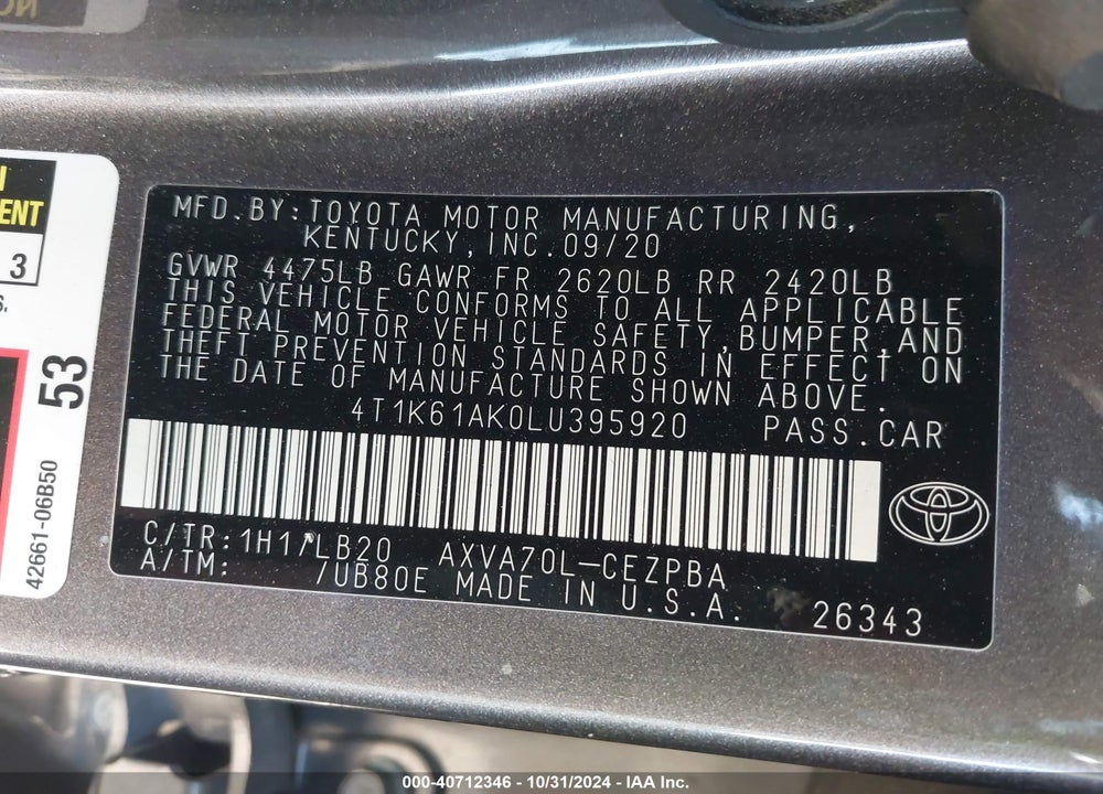 2020 TOYOTA CAMRY XSE VIN: 4T1K61AK0LU395920