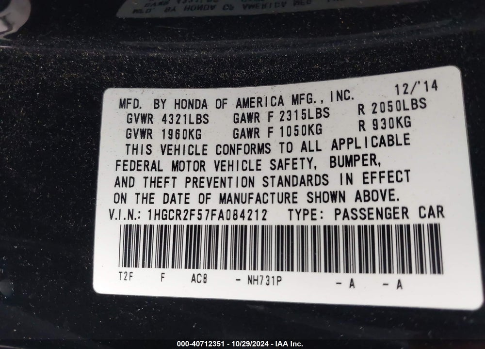 2015 HONDA ACCORD VIN: 1HGCR2F57FA084212