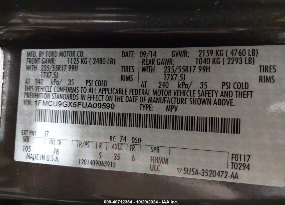 2015 FORD ESCAPE SE VIN: 1FMCU9GX5FUA09590