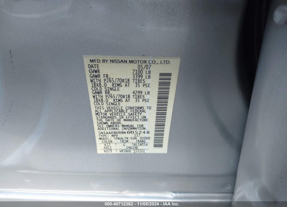 2008 NISSAN ARMADA SE VIN: 5N1AA08D98N605248