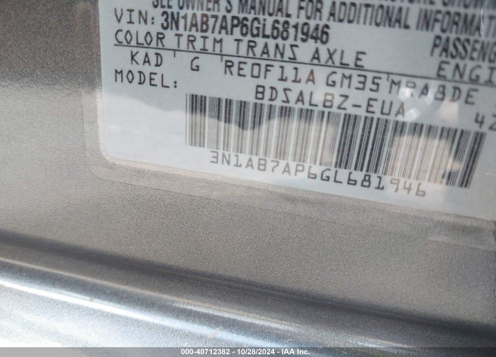2016 NISSAN SENTRA S VIN: 3N1AB7AP6GL681946