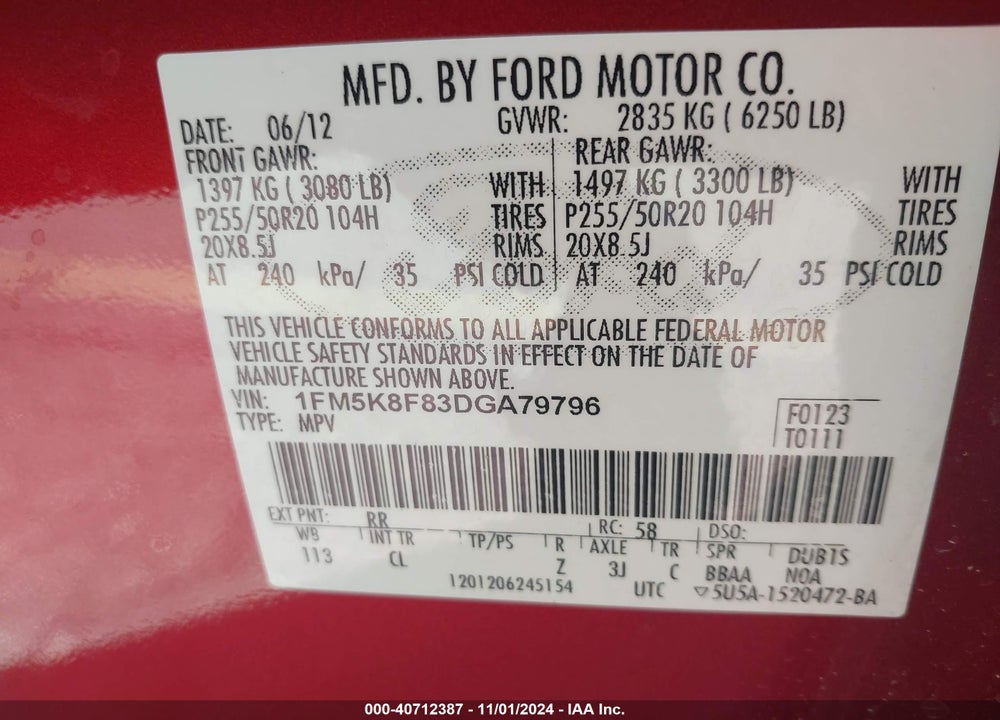 2013 FORD EXPLORER LIMITED VIN: 1FM5K8F83DGA79796