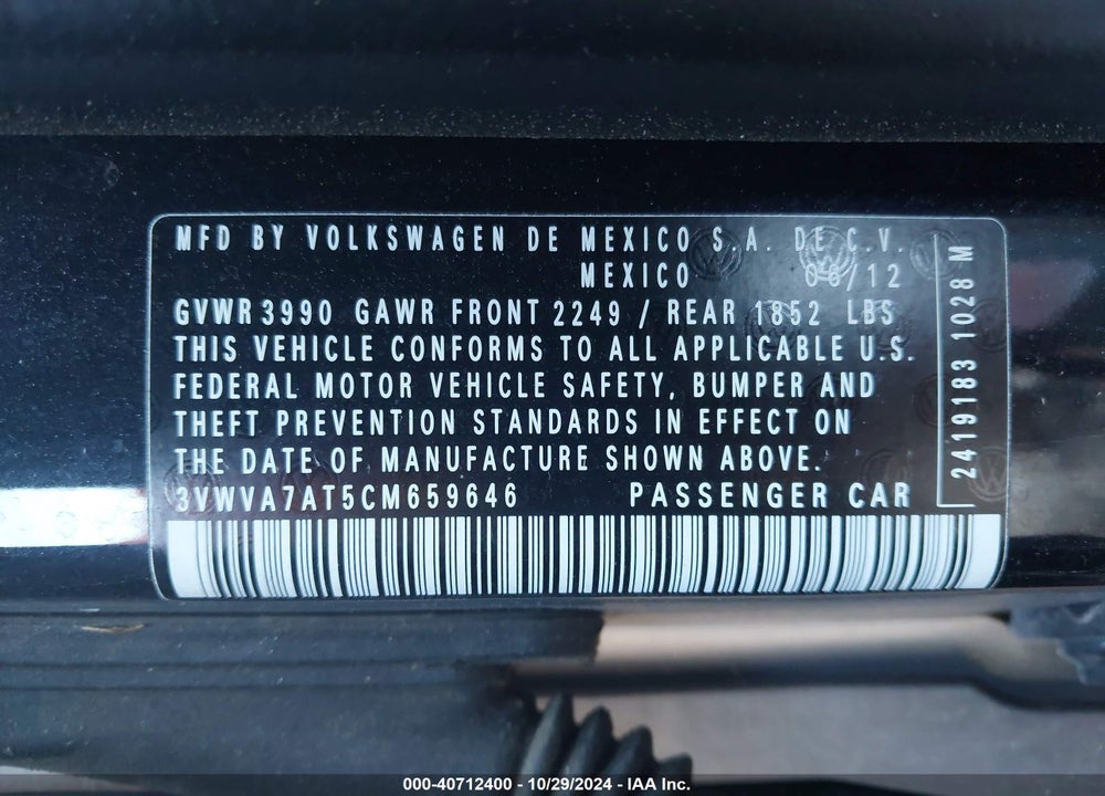 2012 VOLKSWAGEN BEETLE 2.0T TURBO VIN: 3VWVA7AT5CM659646