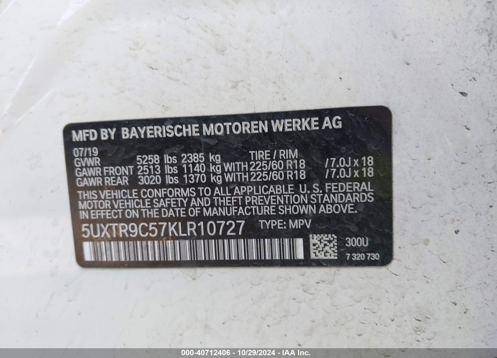 2019 BMW X3 XDRIVE30I VIN: 5UXTR9C57KLR10727