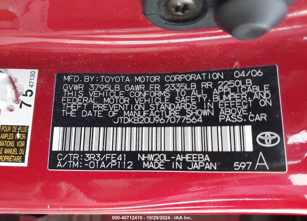 2006 TOYOTA PRIUS VIN: JTDKB20U967077564