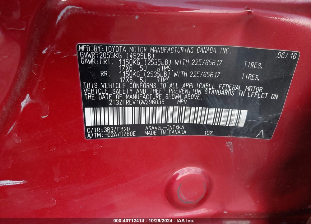 2016 TOYOTA RAV4 LE VIN: 2T3ZFREV1GW296036
