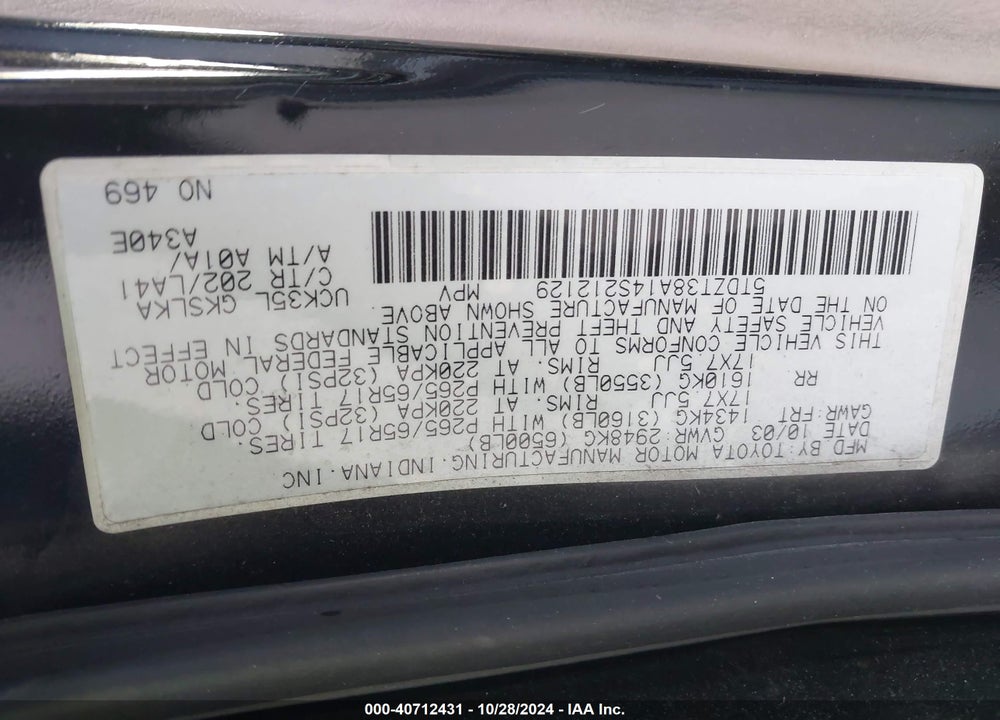 2004 TOYOTA SEQUOIA LIMITED V8 VIN: 5TDZT38A145212129